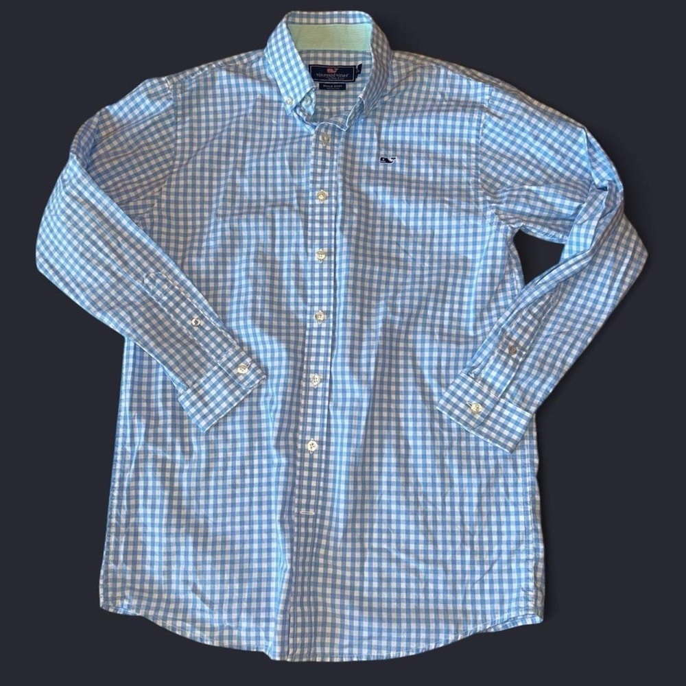 Vineyard Vines Youth L Whale Shirt – Blue Gingham – 100% Cotton - Picture 2 of 6